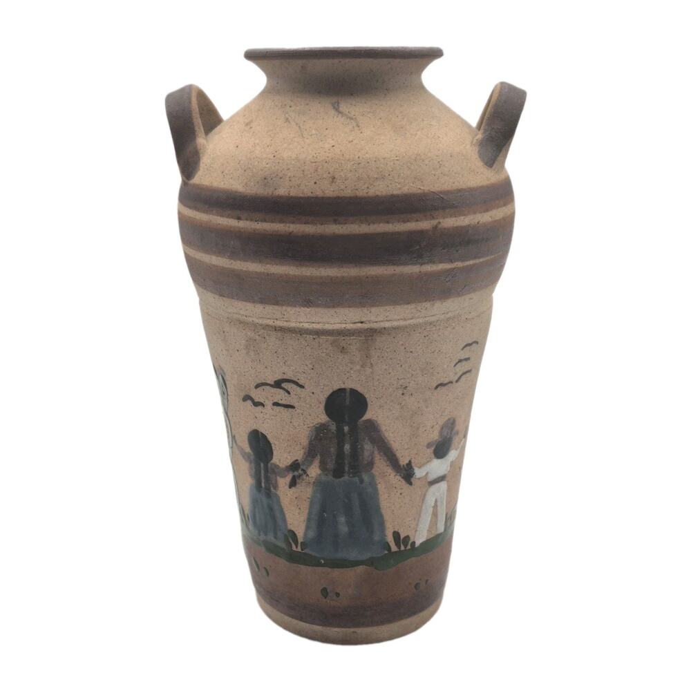 Vintage Tonala Pottery Vase with Figures Handles 8.5" Tall